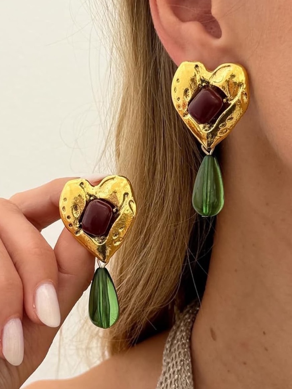 Anthropologie Gold Tone Heart Earrings with Burgundy Stone and Green Teardrop